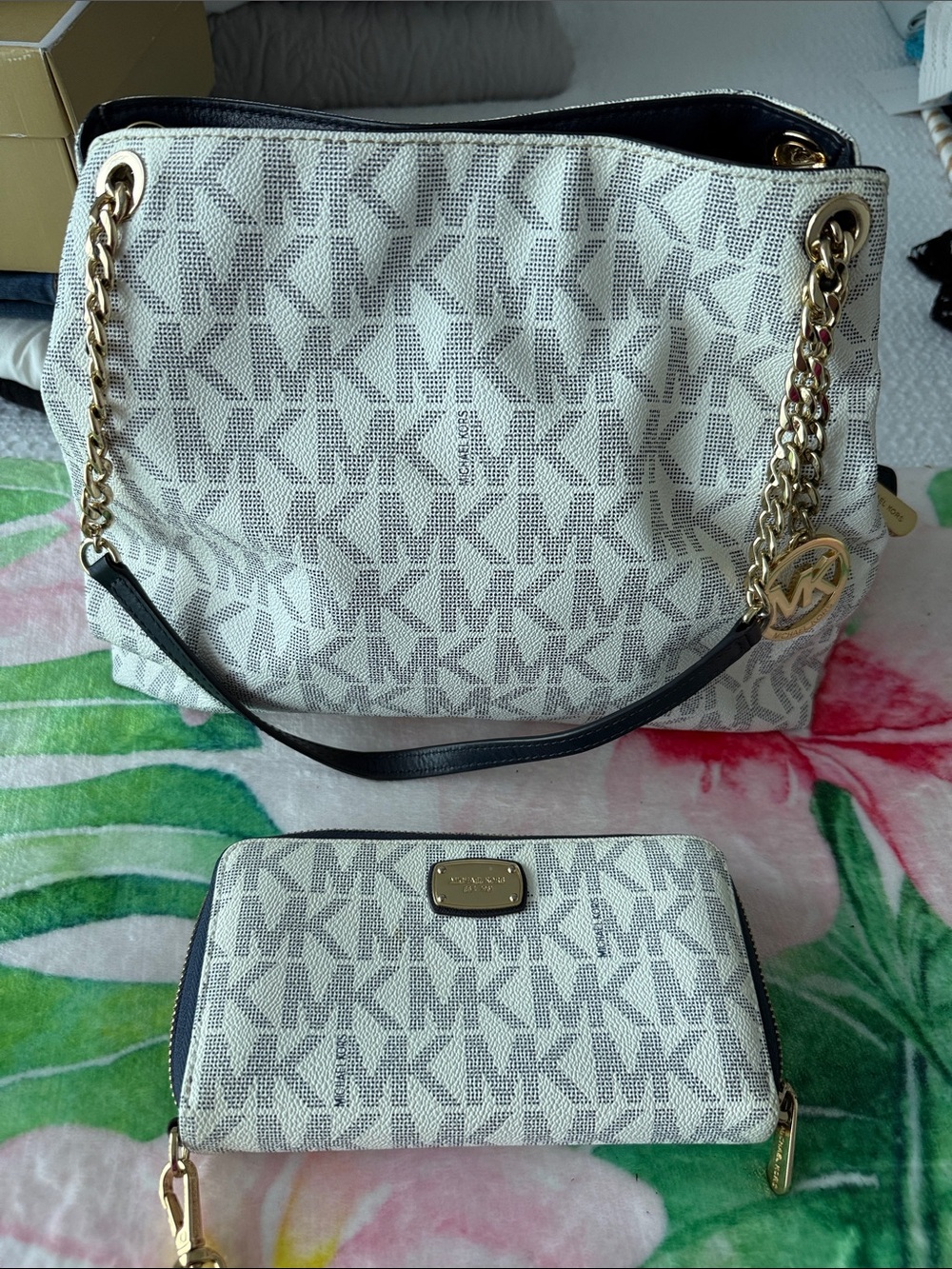Michael Kors White/Gray Monogram Chain-Handle Shoulder Bag with Wallet